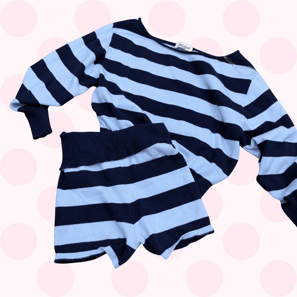 Blue Striped Knit Sweater Shorts Set Size Medium